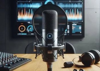 Ein professioneller Sprecher nimmt in einem modernen Tonstudio einen Werbespot auf, mit Fokus auf Mikrofon und Headset.