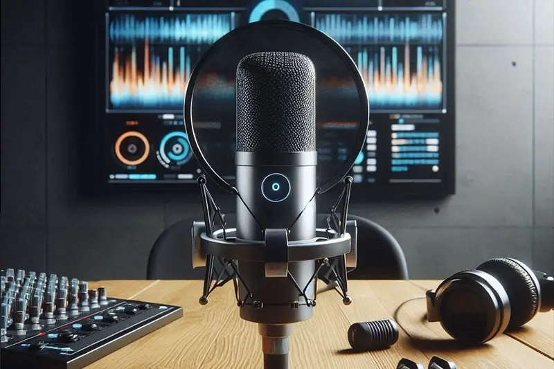 Ein professioneller Sprecher nimmt in einem modernen Tonstudio einen Werbespot auf, mit Fokus auf Mikrofon und Headset.